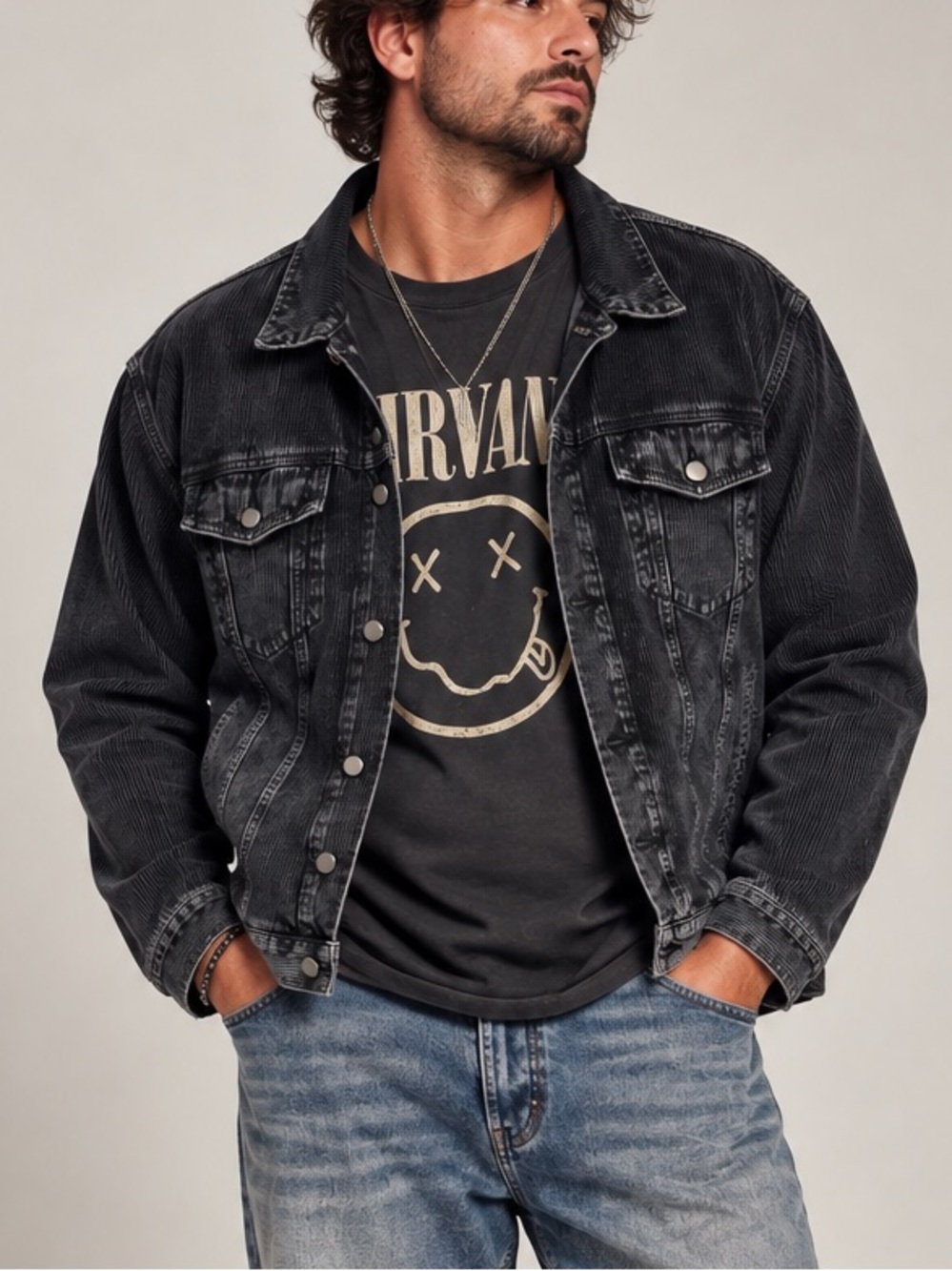RSQ Black Acid Wash Corduroy Grunge Indie Trucker Jacket Size XXL